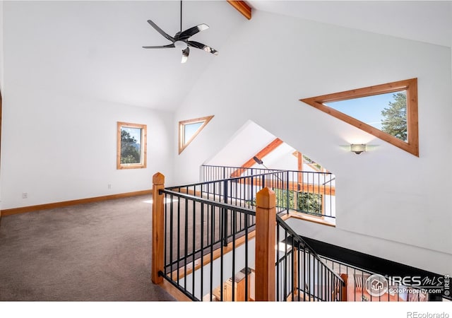 hallway featuring beam ceiling, carpet floors, and high vaulted ceiling