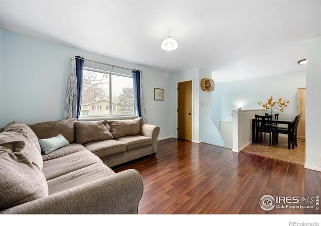 living room with dark hardwood / wood-style flooring