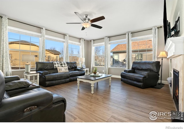 living room featuring a tiled fireplace, ceiling fan, and light wood-type flooring