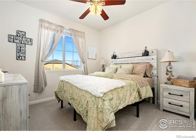 bedroom with light carpet and ceiling fan