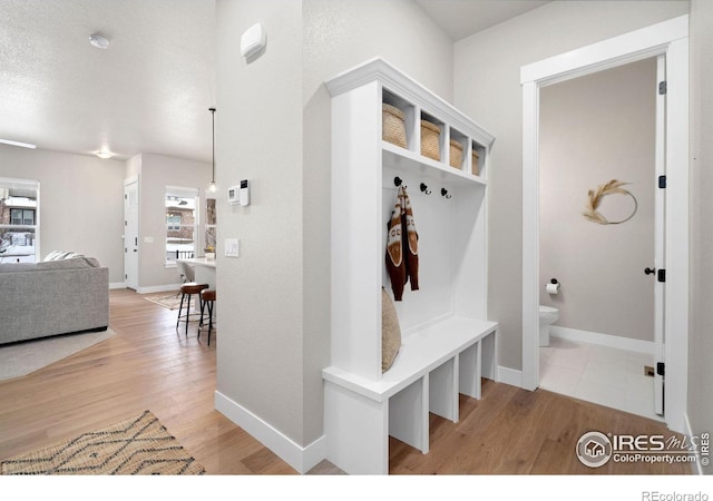 mudroom with a textured ceiling and light wood-type flooring