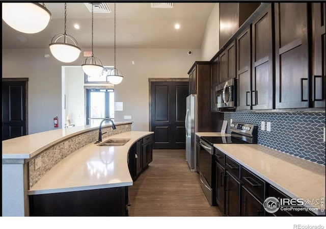 kitchen featuring decorative backsplash, stainless steel appliances, a kitchen island with sink, sink, and pendant lighting