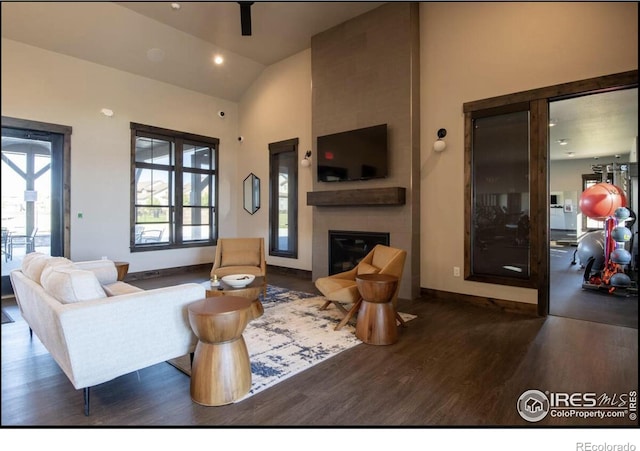 living room with a large fireplace, dark wood-type flooring, and high vaulted ceiling