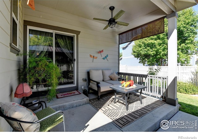 view of patio / terrace featuring outdoor lounge area, ceiling fan, and a porch