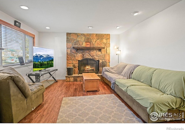 living room with wood-type flooring and a stone fireplace