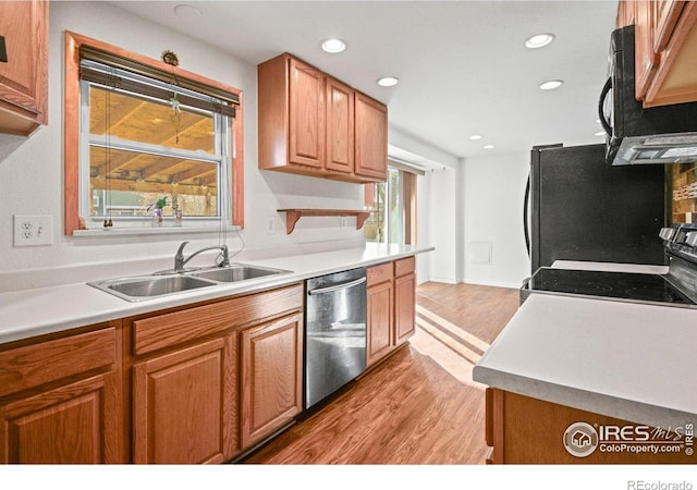 kitchen featuring light hardwood / wood-style floors, black appliances, and sink