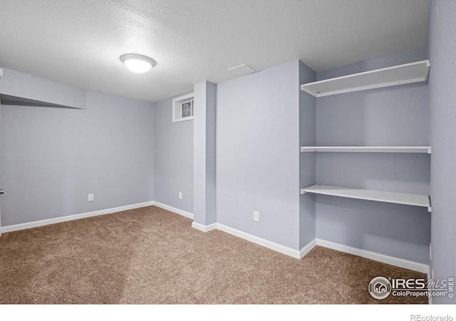 basement with carpet and a textured ceiling