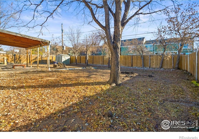 view of yard featuring a storage unit