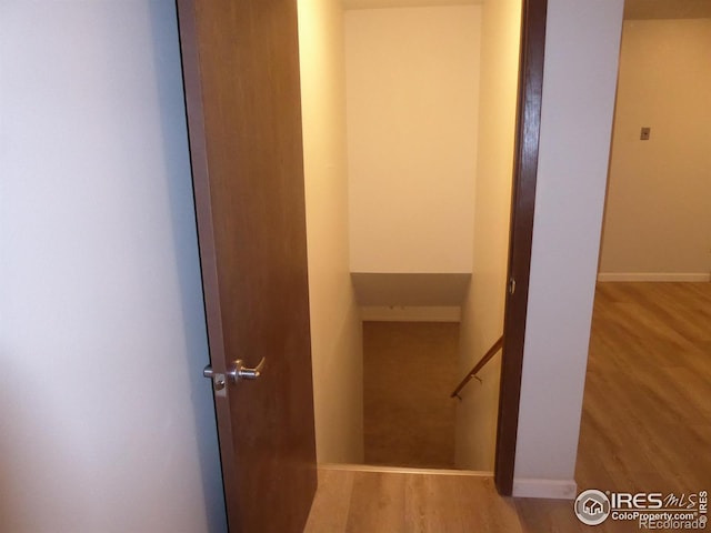 stairway with hardwood / wood-style floors