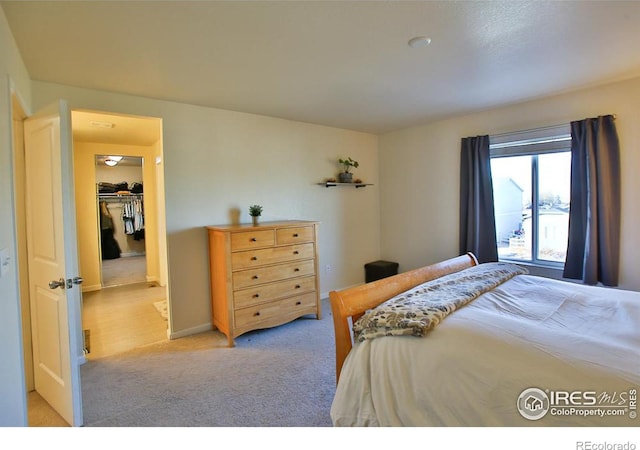 carpeted bedroom with a spacious closet and a closet