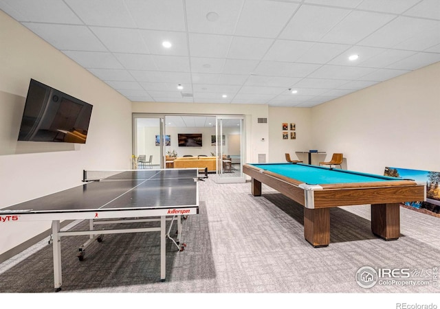 1850 Folsom St Unit 611, Boulder, CO 80302 - game room with carpet, billiards table, recessed lighting, and a paneled ceiling