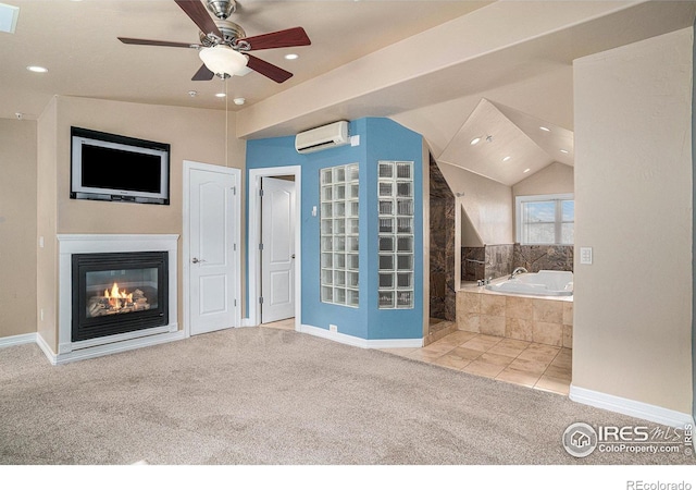 unfurnished living room featuring lofted ceiling, ceiling fan, light colored carpet, and a wall mounted AC