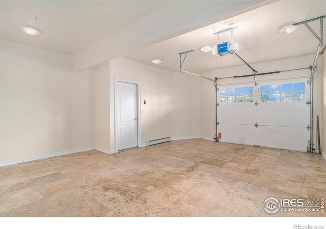 garage with a baseboard radiator and a garage door opener