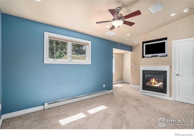 unfurnished living room featuring a baseboard radiator, light colored carpet, ceiling fan, and vaulted ceiling