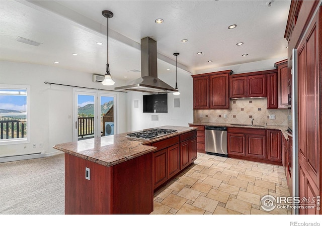 kitchen featuring sink, island range hood, hanging light fixtures, stainless steel appliances, and light stone countertops