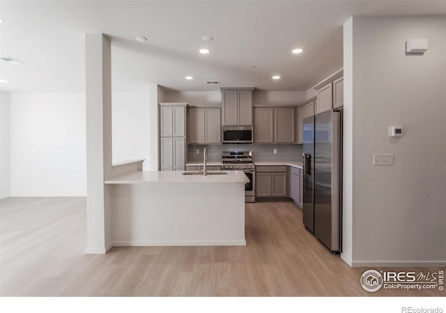 5086 Mckinnon Ct, Timnath, CO 80547 - kitchen featuring appliances with stainless steel finishes, light wood-type flooring, gray cabinets, a peninsula, and tasteful backsplash