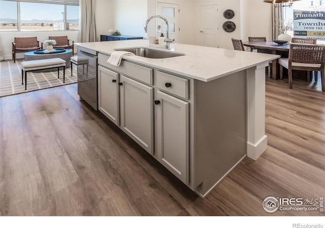 kitchen featuring a sink, stainless steel dishwasher, gray cabinetry, and dark wood-style flooring
