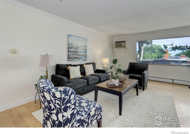 living room featuring a wall mounted air conditioner, a textured ceiling, crown molding, a baseboard radiator, and light hardwood / wood-style flooring