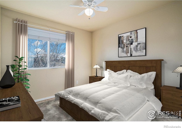 bedroom featuring carpet flooring and ceiling fan