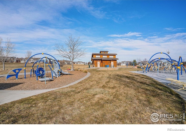 view of jungle gym featuring a yard