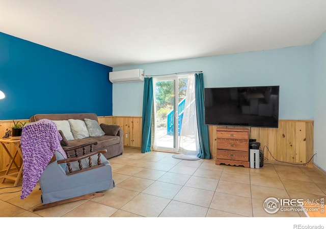 tiled living room with an AC wall unit and wooden walls