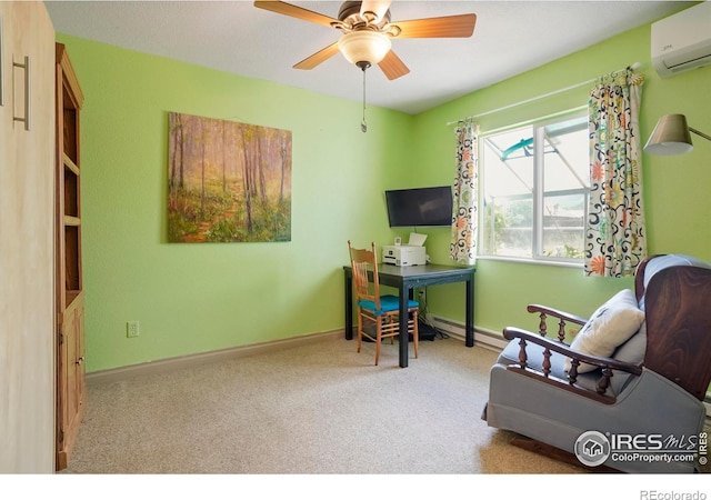 home office with an AC wall unit, ceiling fan, and light colored carpet