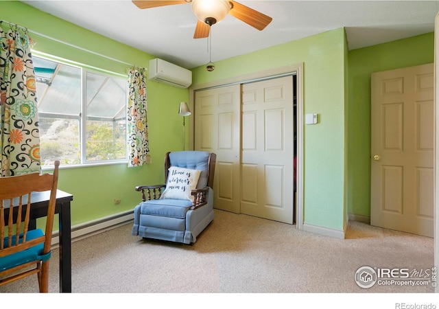 bedroom with a wall mounted air conditioner, ceiling fan, light carpet, and a closet