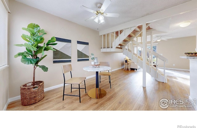 dining room with a textured ceiling, light hardwood / wood-style flooring, and ceiling fan