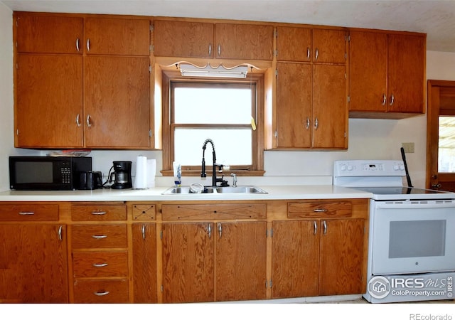 kitchen with white electric stove and sink