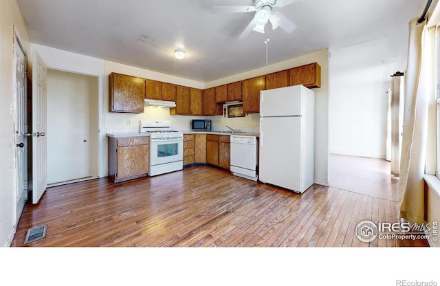 kitchen with ceiling fan, white appliances, sink, and light hardwood / wood-style flooring