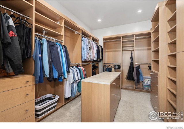 walk in closet with light carpet