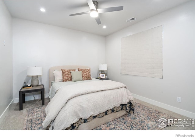 bedroom featuring carpet flooring and ceiling fan