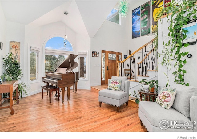 living room with high vaulted ceiling and light hardwood / wood-style floors