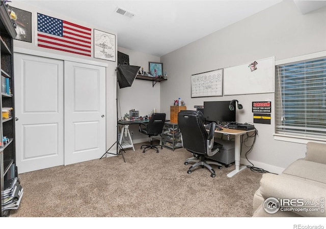 view of carpeted home office