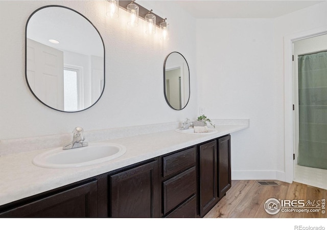 bathroom with vanity and wood-type flooring