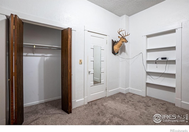 interior space featuring carpet and a textured ceiling