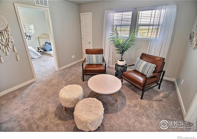 living area featuring carpet flooring