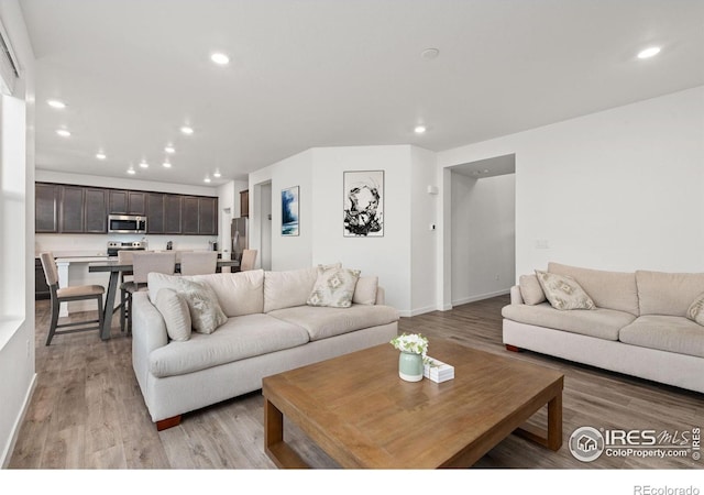 living room featuring baseboards, light wood-type flooring, and recessed lighting