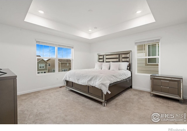 bedroom featuring a raised ceiling and light colored carpet