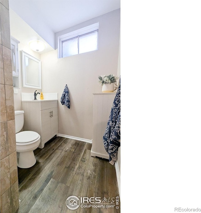 bathroom with hardwood / wood-style flooring, vanity, and toilet