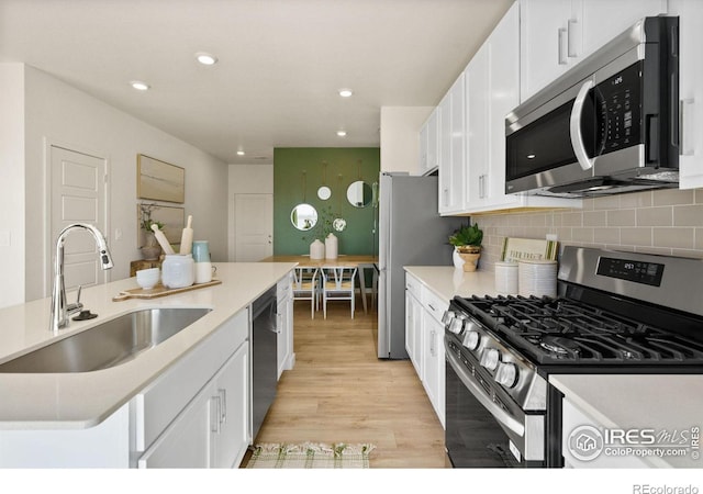 kitchen with sink, white cabinetry, stainless steel appliances, light hardwood / wood-style floors, and decorative backsplash