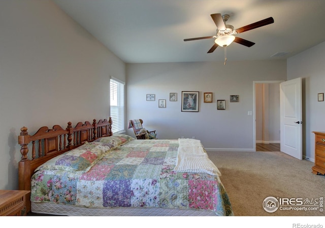 bedroom featuring carpet flooring and ceiling fan