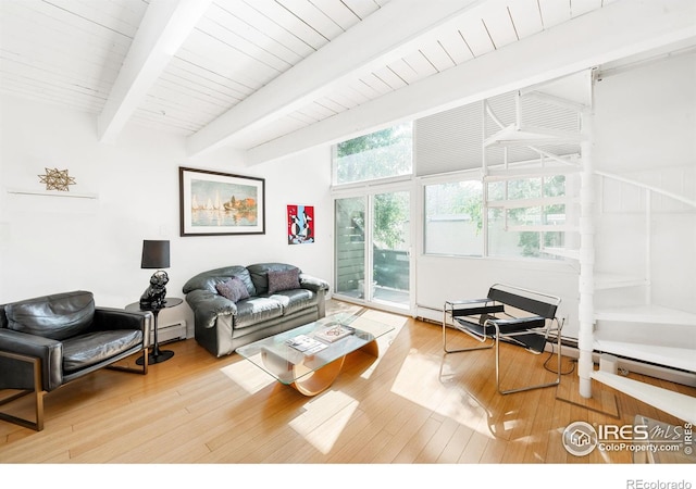 living room with hardwood / wood-style flooring, beam ceiling, and wood ceiling