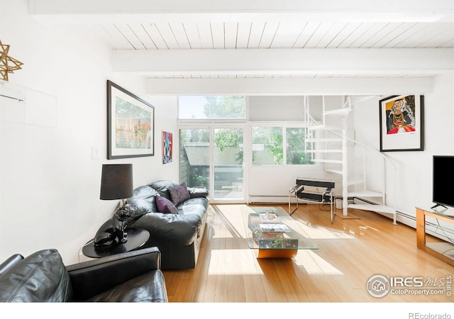 living room featuring beam ceiling and wood-type flooring