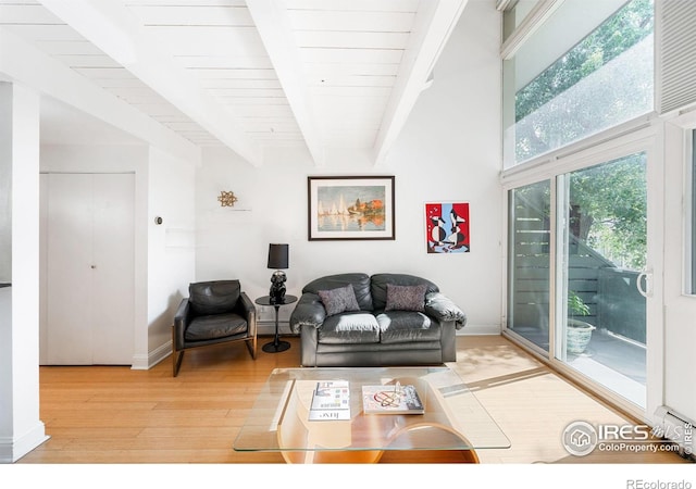 living room featuring beam ceiling, light hardwood / wood-style flooring, and a baseboard heating unit