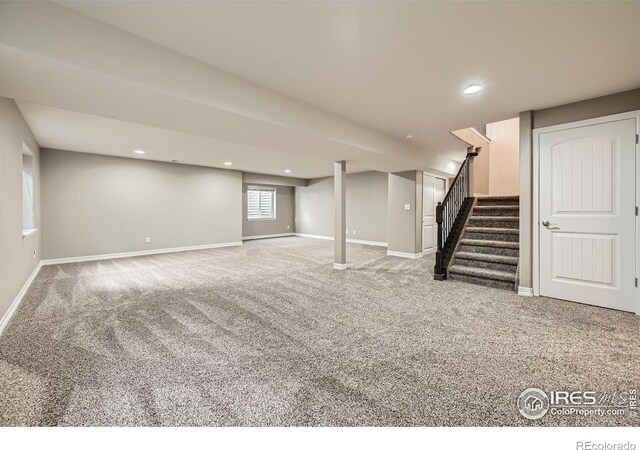 basement featuring carpet flooring