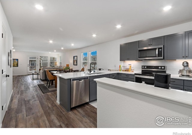 kitchen with decorative backsplash, appliances with stainless steel finishes, dark hardwood / wood-style flooring, sink, and gray cabinets