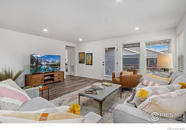 3583 Booth Falls Dr, Loveland, CO 80538 - living room featuring wood finished floors, recessed lighting, and baseboards