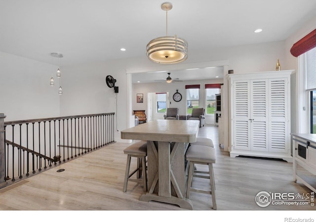 dining area with light hardwood / wood-style flooring and ceiling fan