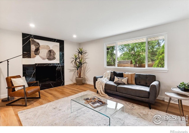 living room featuring hardwood / wood-style flooring and a tile fireplace